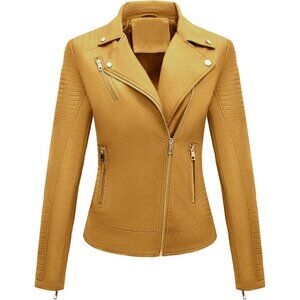 Women's Ginger Faux Leather Quilted Shoulders Peak Lapel & Zipper Biker Jacket